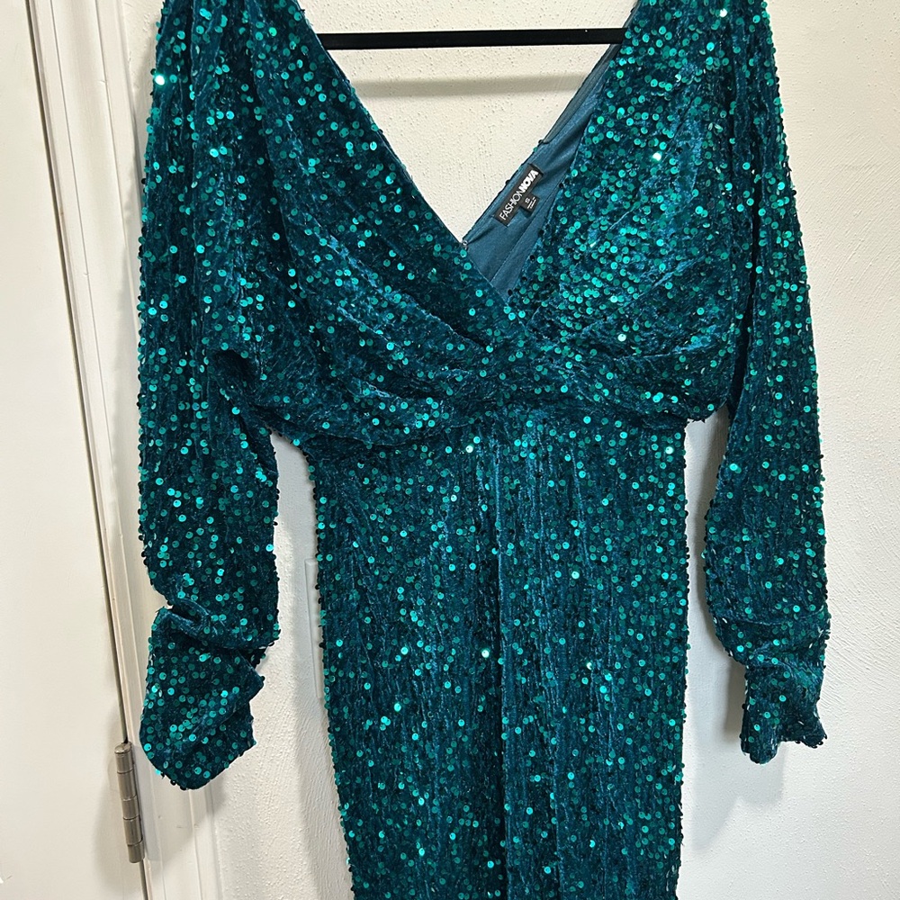 Fashion Nova Teal Sequin Long Sleeve Dress - Picture 2 of 4